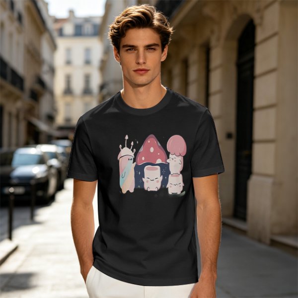 Olive Green T-Shirt With Cute Mushroom Creature Graphic