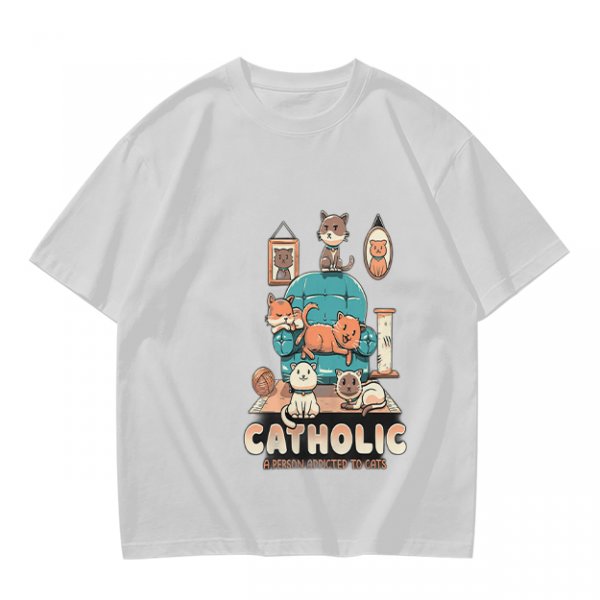 Olive T-Shirt With Funny Cat Graphic 'Catholic' Print
