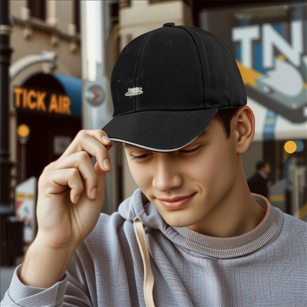 Black Baseball Cap with Coffee Cup and Saucer Graphic