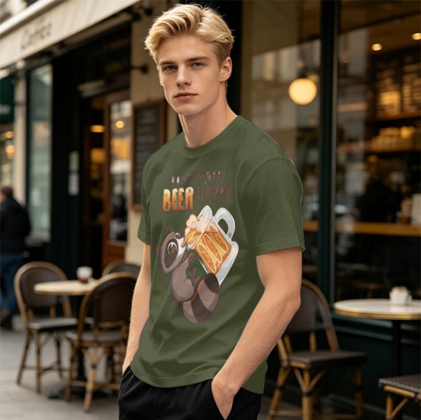 Oversized olive t-shirt with raccoon drinking beer graphic