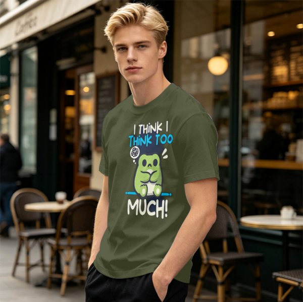 Olive t-shirt with 'I think I think too much' anxious frog print