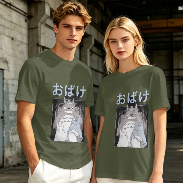 Olive green graphic tee with Totoro forest spirit print