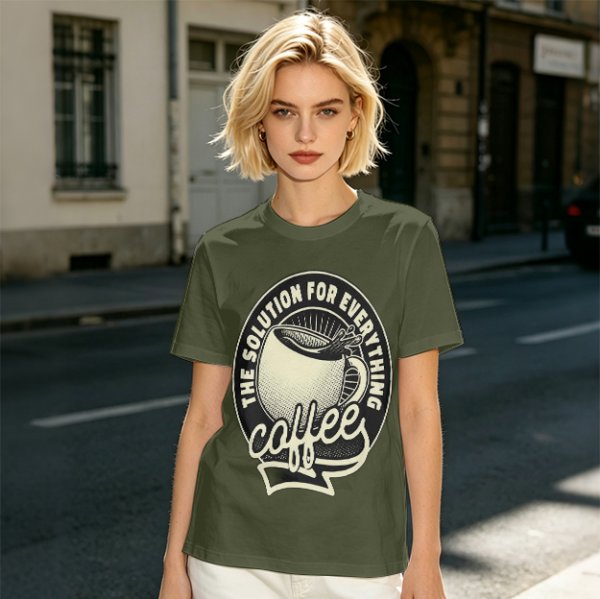 Olive t-shirt with coffee themed 'the solution for everything' print