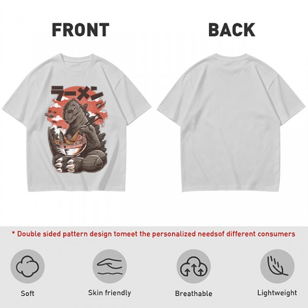 Olive T-shirt with Godzilla eating ramen graphic