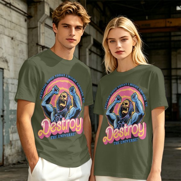 Olive t-shirt with Skeletor 'Feeling Good Today I Might Choose To Destroy The Universe' print