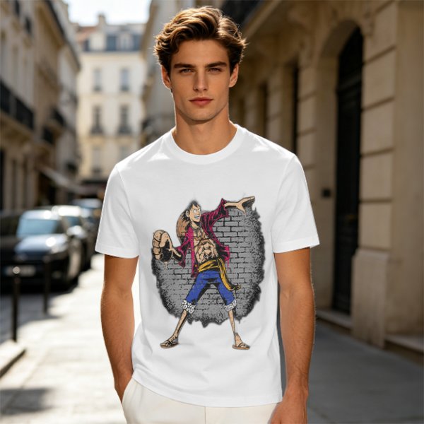 Olive T-Shirt with Monkey D Luffy Breaking Through Brick Wall Art