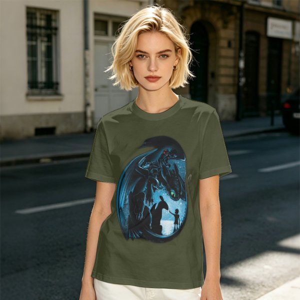 Olive T-shirt with How to Train Your Dragon Toothless and Hiccup Art