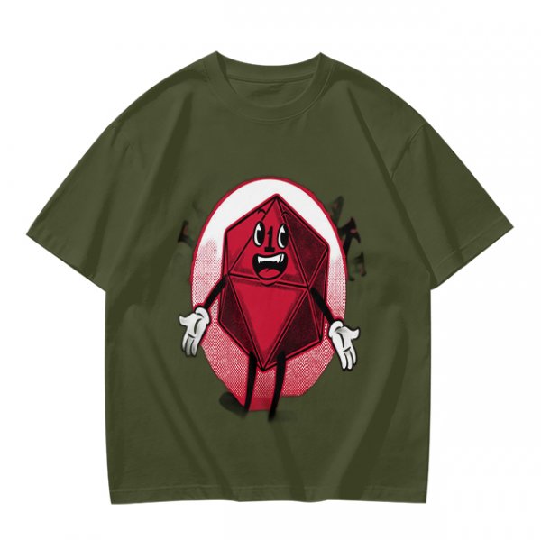 Olive Green T-Shirt With Cartoon D20 Vampire Graphic