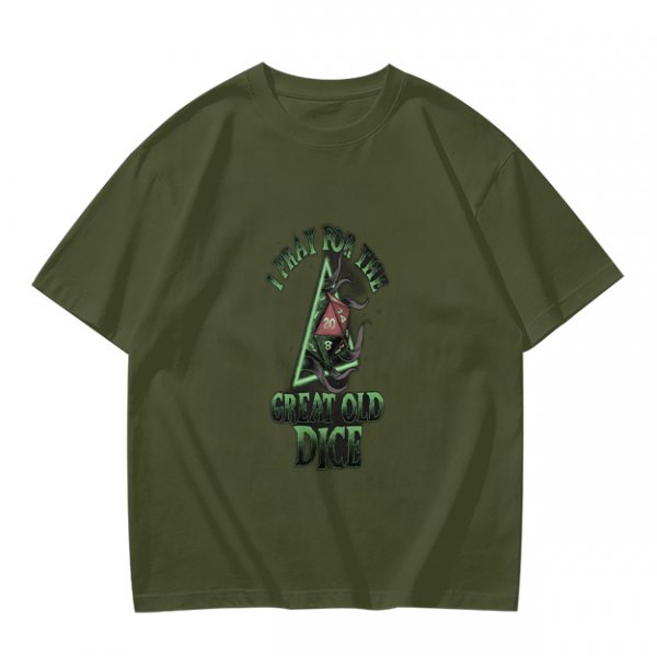 Olive t-shirt with 'Pray for the Great Old Dice' cosmic horror print