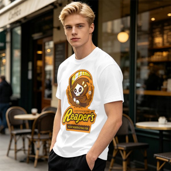Olive green graphic t-shirt with cute reaper coffee themed print