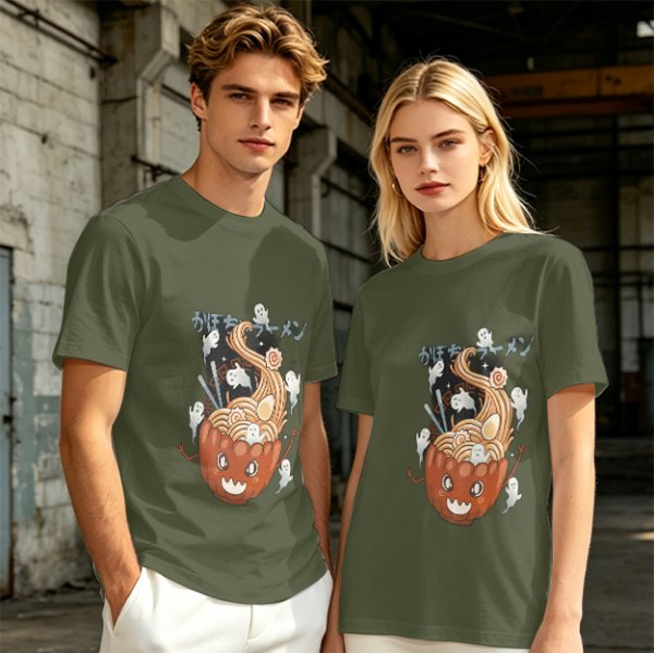 Olive green t-shirt with pumpkin ramen and ghost graphic print