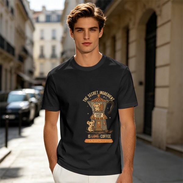 Olive t-shirt with coffee moka pot mouse shop graphic and coffee love quote