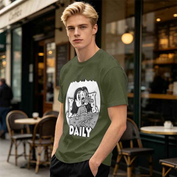 Olive green graphic t-shirt with bedridden cartoon girl and 'DAILY' text