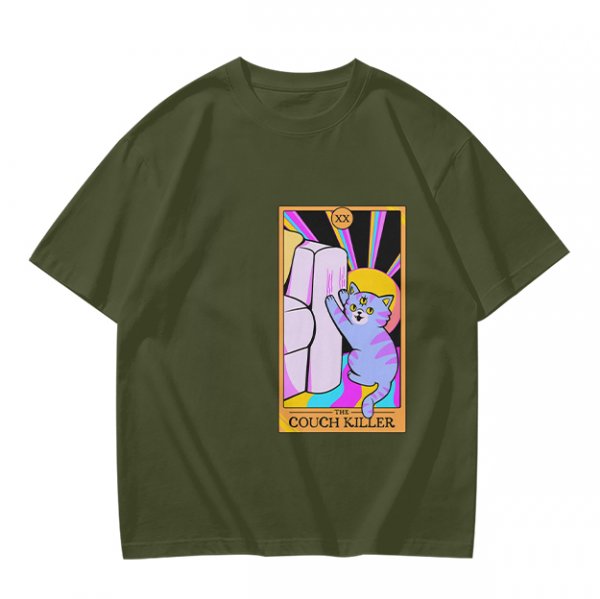 Olive green t-shirt with three-eyed cat couch killer tarot-style graphic