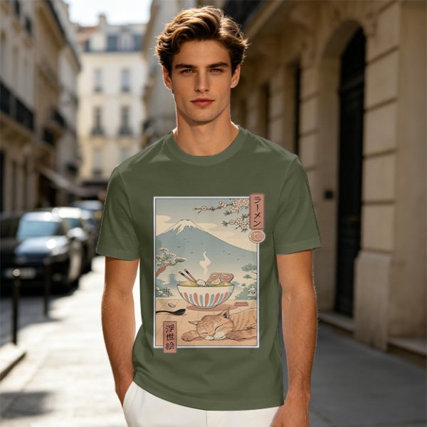 Olive t-shirt with ukiyo-e style ramen cat and Mount Fuji print