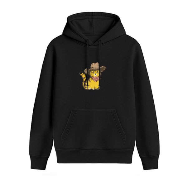 Black Hoodie With Cute Cowboy Cat Graphic Print