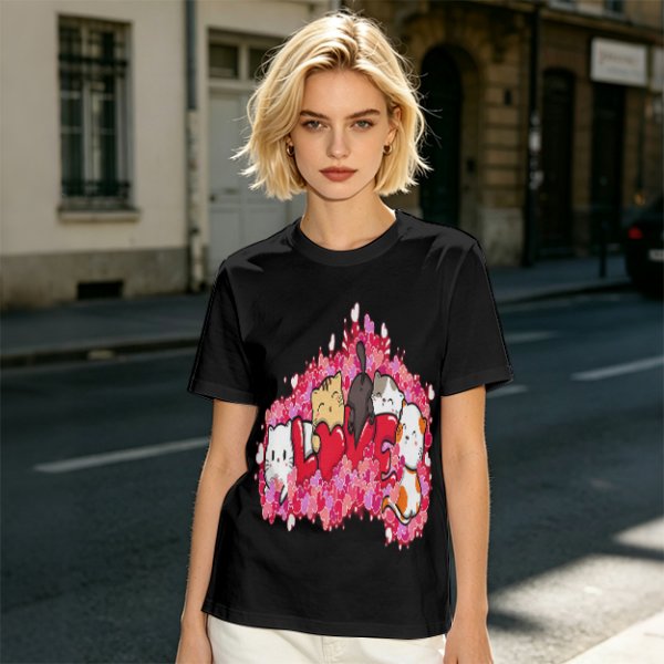 Olive green t-shirt with cute cats and love hearts graphic