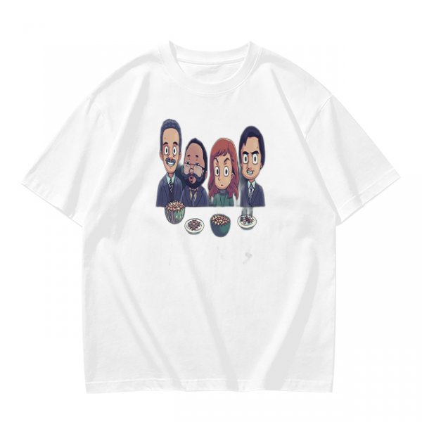 Olive T-shirt with Cartoon Group of Four People and Bowls Print