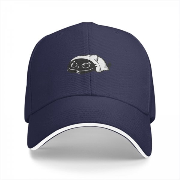 Black Baseball Cap With Cute Sleepy Cat Graphic Design
