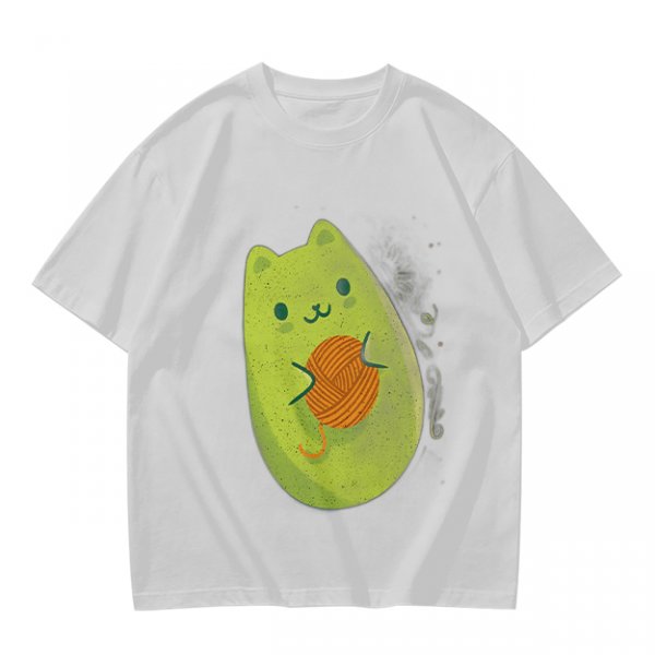 Olive Green T-Shirt With Cute Avocado Cat Holding Yarn Ball Print