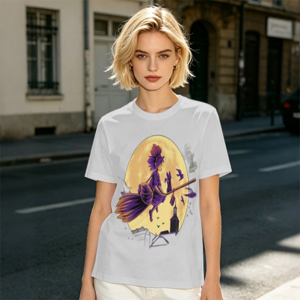 Olive t-shirt with witch flying on broom against full moon