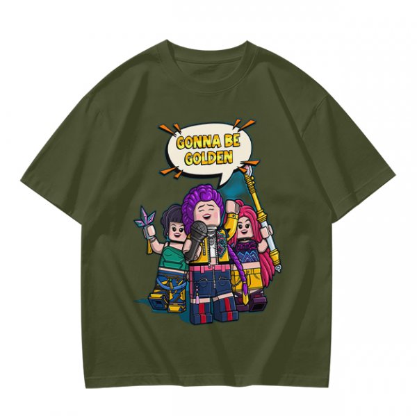 Olive T-shirt with Lego-style characters and 'Gonna Be Golden' print