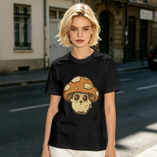Olive Green T-Shirt With Cute Mushroom Skull Graphic