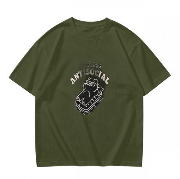 Oversized Olive T-Shirt With 'Call Me Antisocial' Bear Graphic