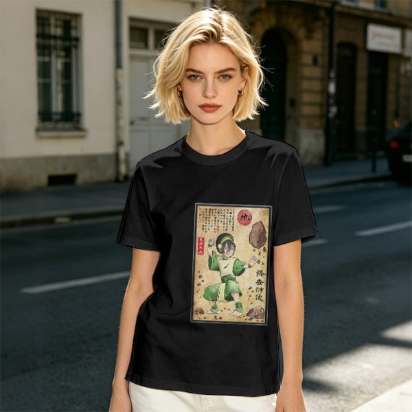 Olive T-shirt with Earthbender Character Vintage Art Print