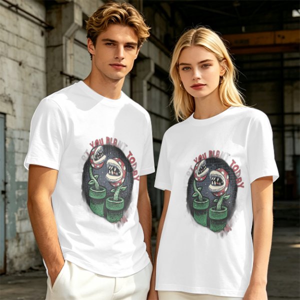 Olive T-shirt with Piranha Plant Graphic and 'You Plant Today' Text