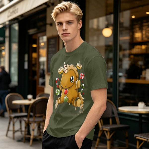 Olive T-Shirt With Cute Gingerbread Unicorn And Christmas Candy Print