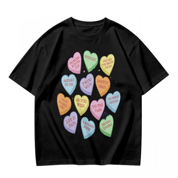 Olive T-shirt with Princess Bride themed conversation heart candies