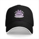 Black baseball cap with purple wizard cat and dice graphic
