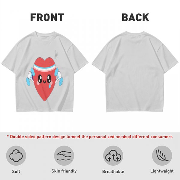 Olive T-Shirt With Cute Cartoon Heart Lifting Dumbbells Print