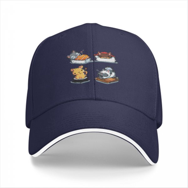 Black Baseball Cap With Cute Cat Sushi Artwork