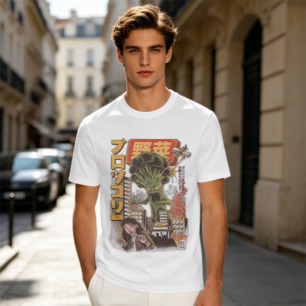 Olive T-shirt with Giant Broccoli Monster Attacking City Art