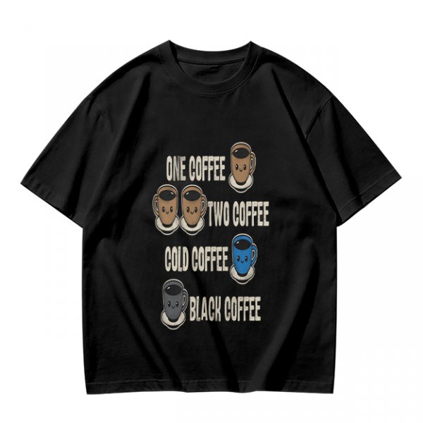 Olive green graphic tee with coffee cup illustrations and playful coffee text