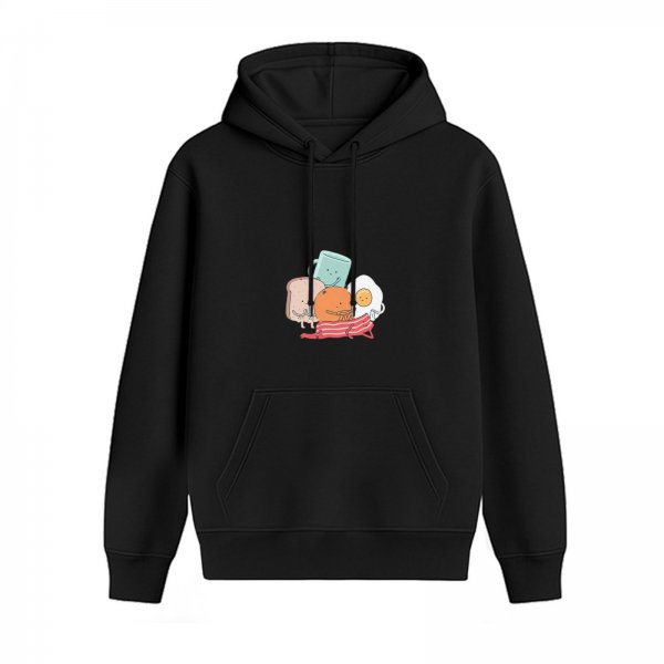 Black Hoodie With Cute Breakfast Food Character Graphic
