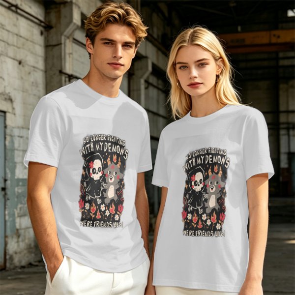 Olive graphic t-shirt with 'No longer fighting with my demons we're friends now' print