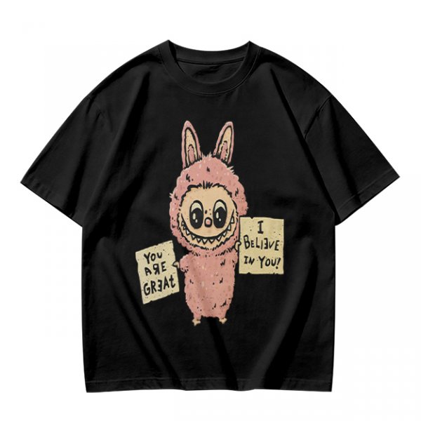Olive T-shirt with a cute bunny monster holding You Are Great and I Believe In You signs