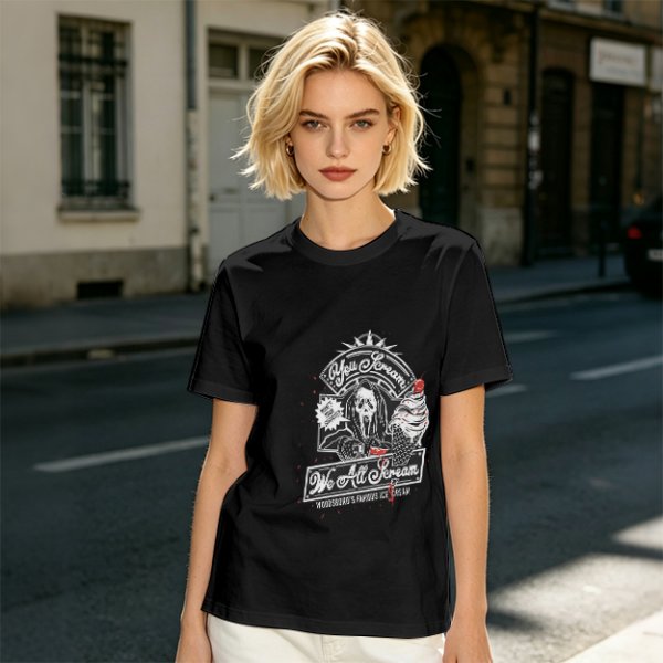 Olive green graphic t-shirt with horror ice cream themed print