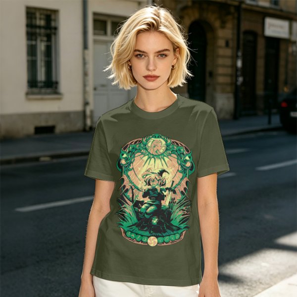 Olive Green T-Shirt With Fantasy Warrior Graphic Print