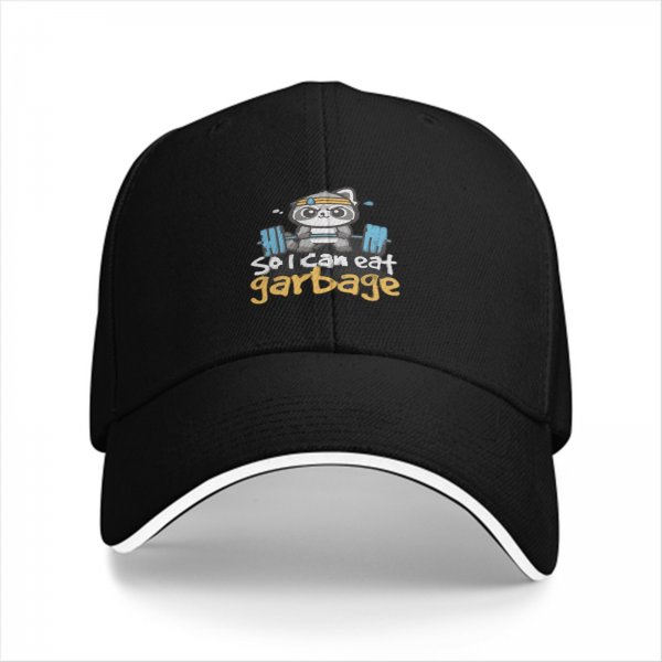 Black baseball cap with raccoon lifting weights and 'so i can eat garbage' text