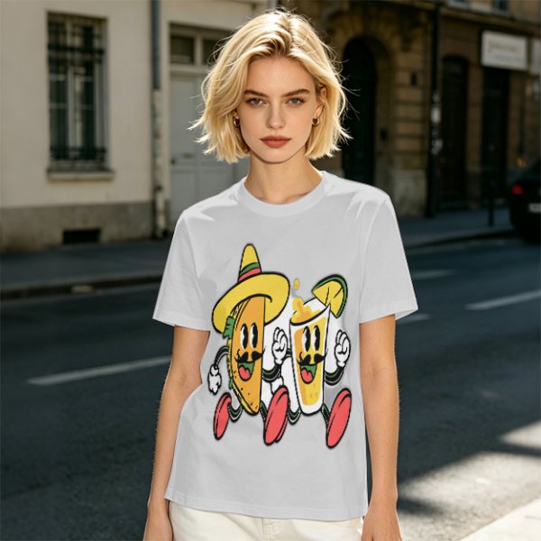 Olive T-Shirt with Cartoon Taco and Beer Graphic