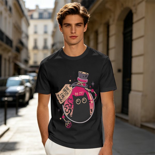 Olive T-shirt with a potion bottle holding a black cat that says don't open evil inside do it