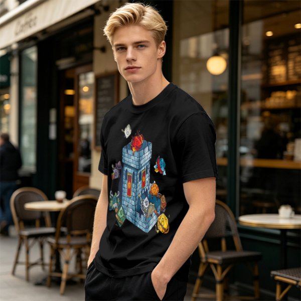 Olive T-Shirt With Fantasy Dice Castle Graphic Design