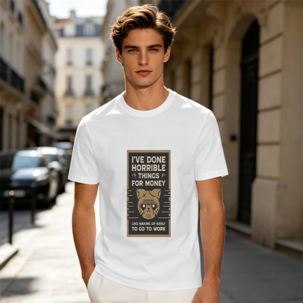 Olive T-Shirt With 'I've Done Horrible Things For Money' Cat Work Print