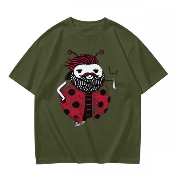 Olive Green T-Shirt With Bearded Ladybug Print