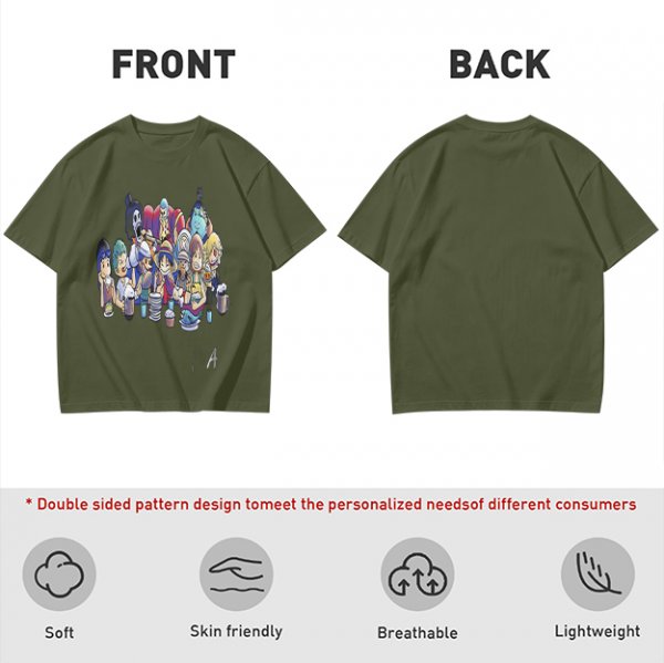 Olive T-Shirt with Anime Character Group Coffee Print