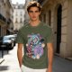 Olive T-Shirt With Maneki-Neko Sabertooth Cat And Crow Art